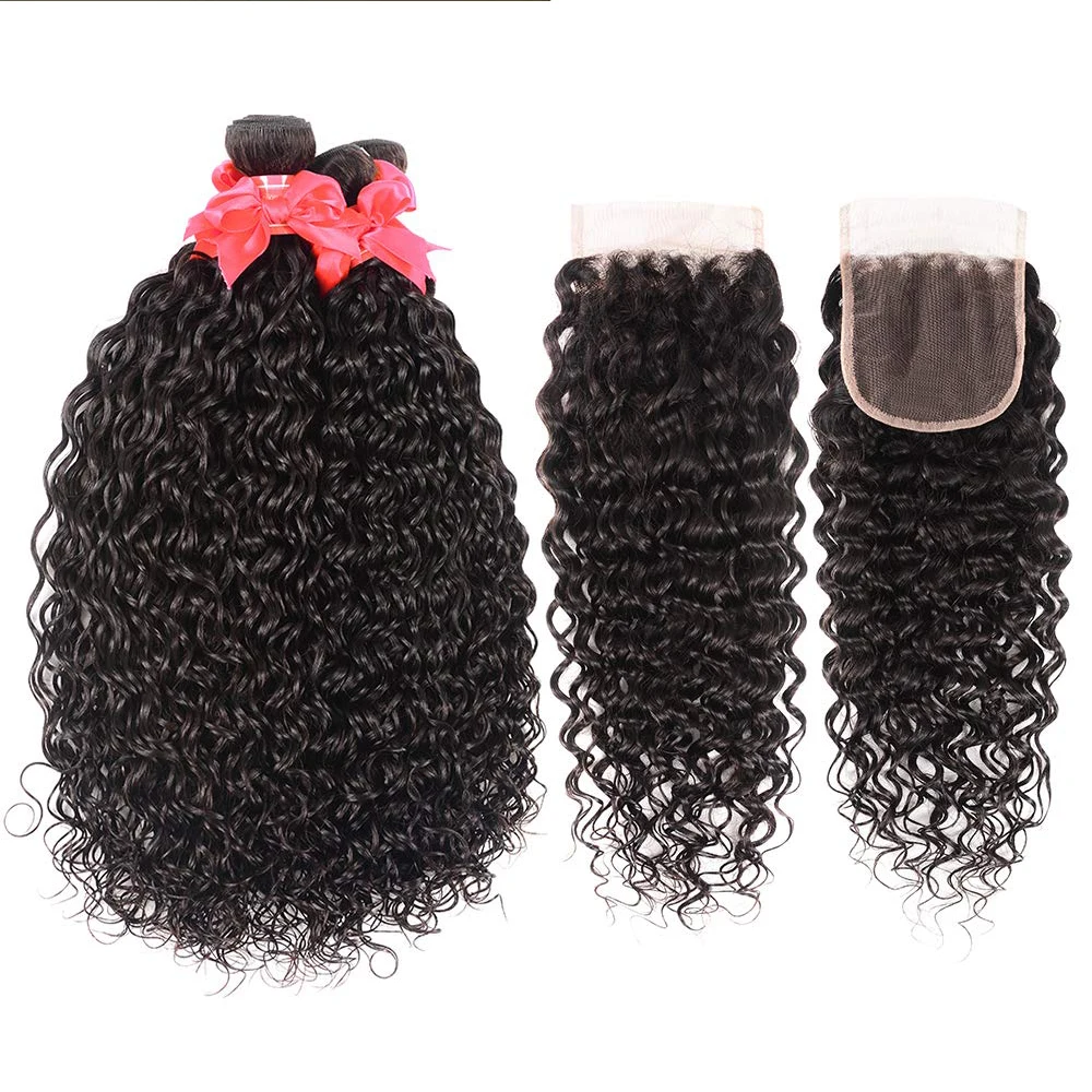 Water Wave Bundles With Closure 100% Human Hair Curly Human Hair Bundles With Frontal Closure Remy Hair Weave Extensions