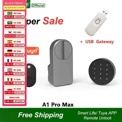 RAYKUBE A1 Pro Tuya BEL Smart Door Lock Set with Fobs/ Keypad/ Smart Key Tuya Remote Unlock Work with Alexa Google Assistant