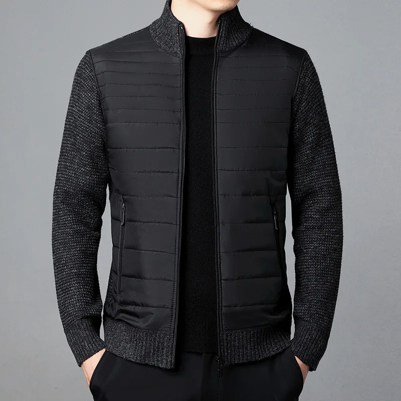 Chaqueta de lana cálida para hombre, abrigo de punto de retazos, chaquetas de punto casuales, prendas de vestir exteriores de cuello alto, chaquetas