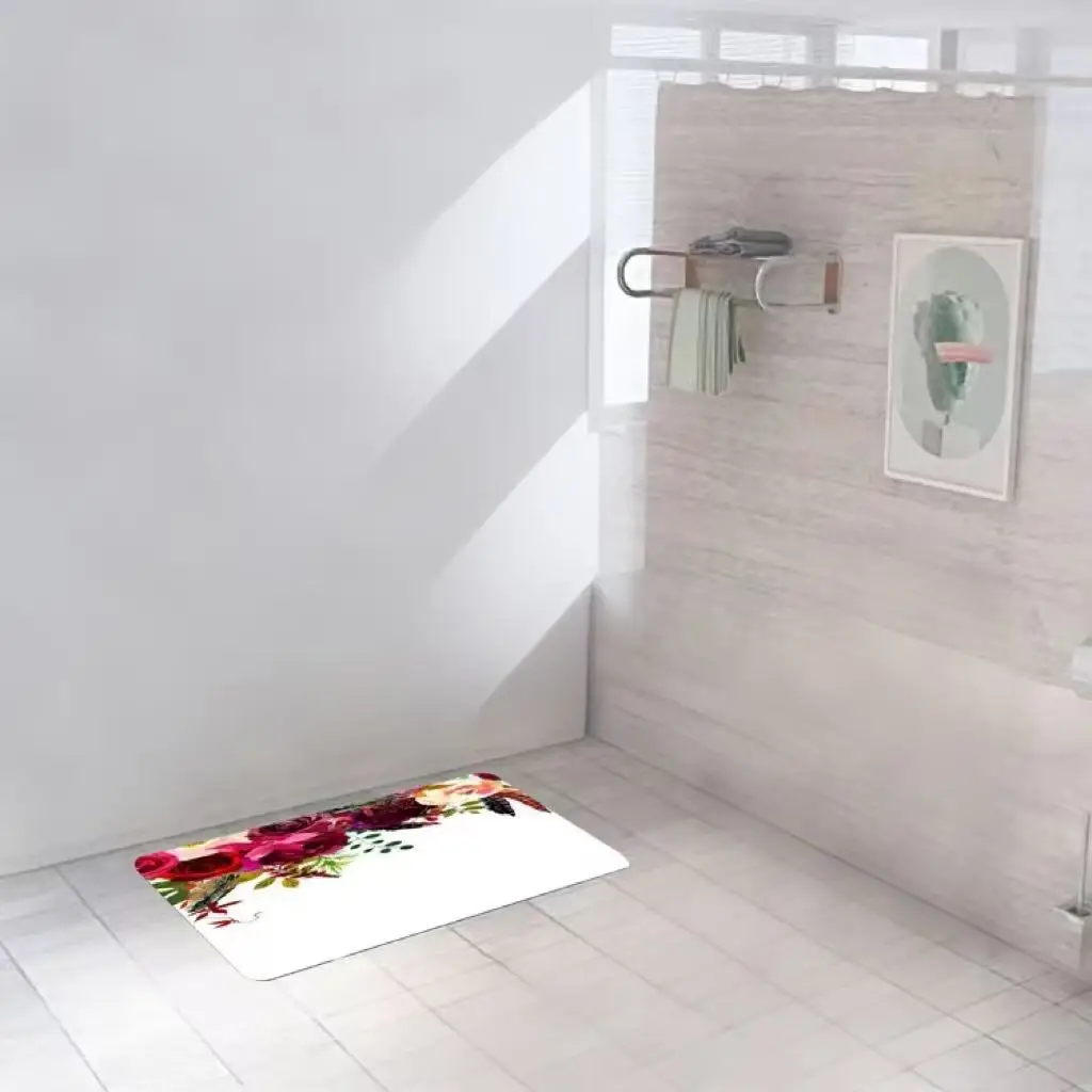 Watercolor Floral Bath Mat: Vintage Red & Orange Bloom Print Non-Slip Rug for Elegant Bathroom Decor