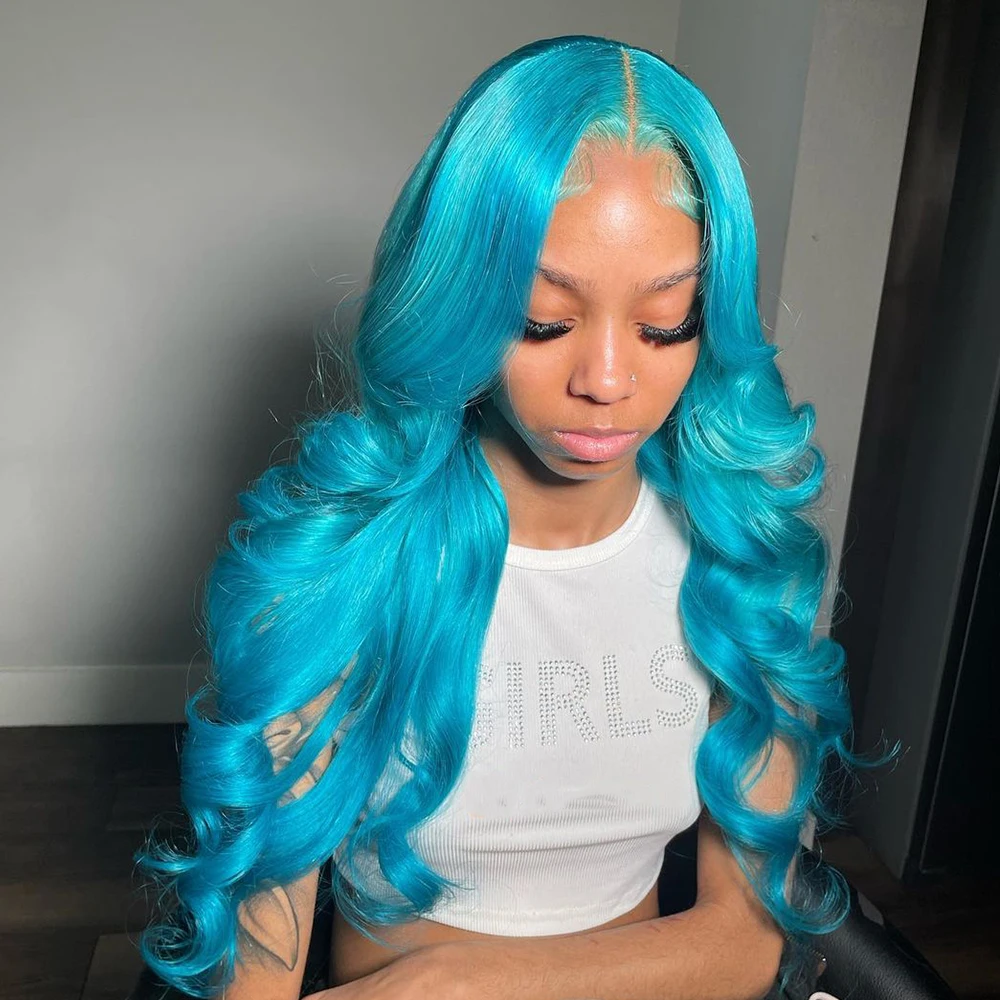 13x6 الجسم موجة خصلات الشعر المستعار الإنسان أزرق فاتح ملون الدانتيل الباروكة الأمامية قبل قطعها البرازيلي الأزرق شعر مستعار دانتيل شفاف للنساء #5