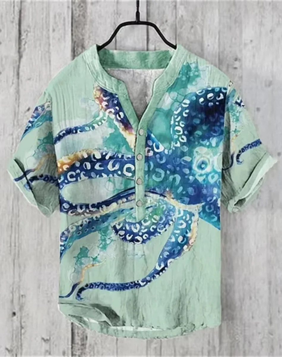 Henry Shirt - Nouvelle chemise décontractée à manches courtes pour hommes, hauts de tenue décontracté au quotidien, chemise imprimée poulpe, tailles S à 5XL expédition rapide
