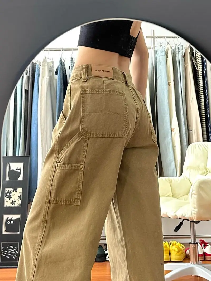 

Женская рабочая одежда цвета хаки, широкие брюки, облегающая интерфейсная сумка, повседневные американские брюки в пол с низкой талией, свободные широкие брюки