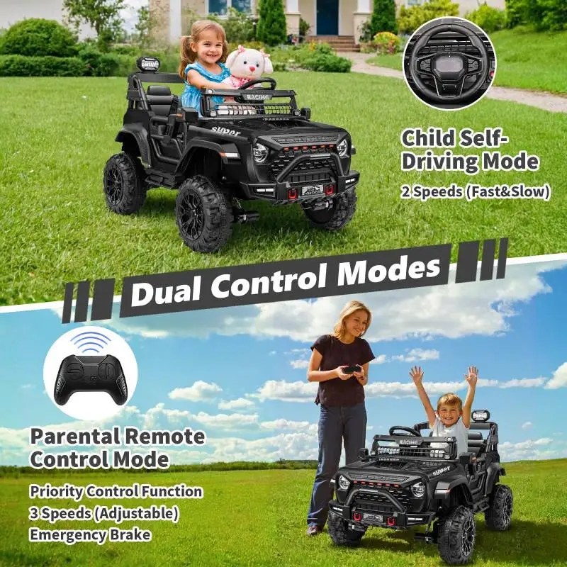 24V 2-zits elektrische rit op auto met afstandsbediening voor kinderen met / 20 inch brede zitting, 4x100W motor, LED-koplamp en muziekspeler