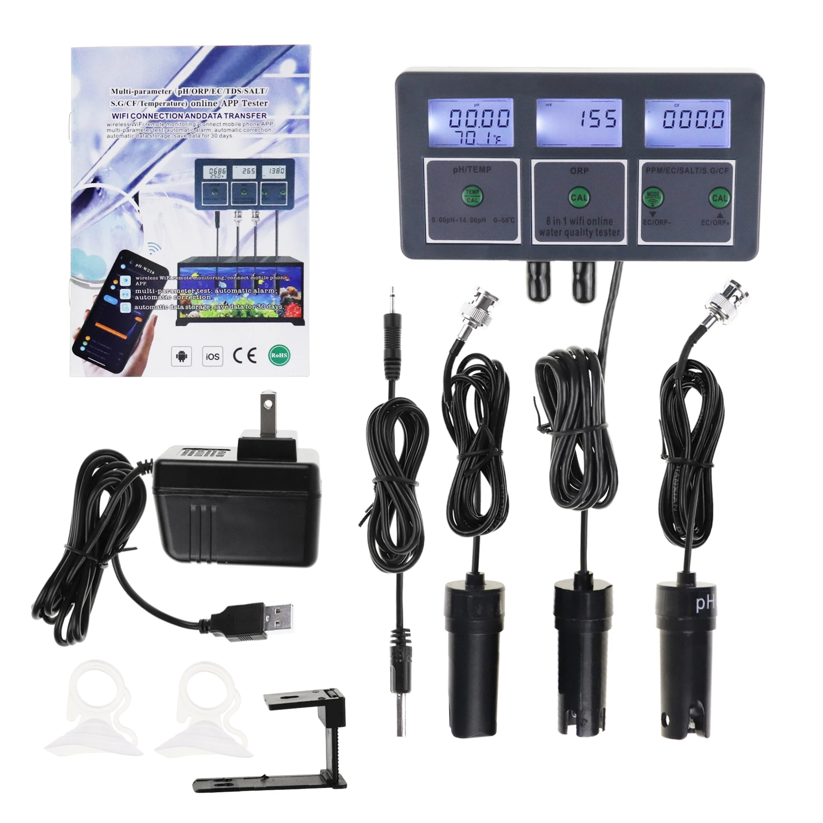 Multi-Parameter 8-in-1 Water Test Kit pH. ORP. EC Conductivity, TDS, Salt, S.G., CF, and Temperature with Online APP Tester