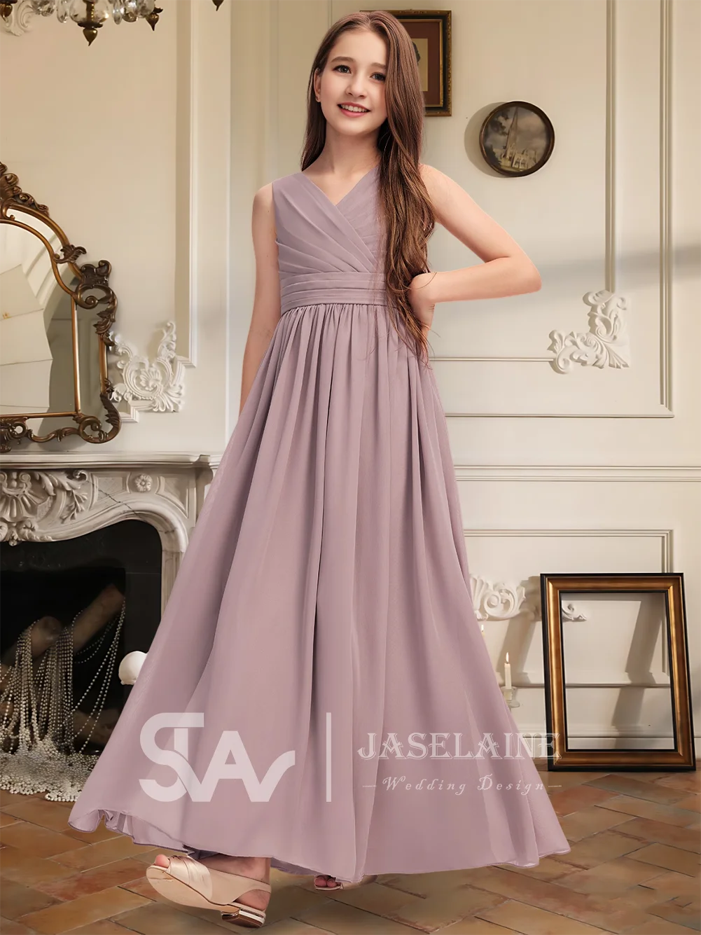 

A A-Line V-Neck Floor-Length Chiffon Junior Bridesmaid Dress Bow Pleated Flower Girl Dress For Girls Party Wedding Formal
