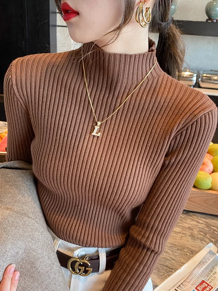 Eleganckie, solidne, podstawowe topy z dzianiny damskie sweter z golfem z długim rękawem Casual wąski sweter koreańska moda proste eleganckie ubrania — zdjęcie 2