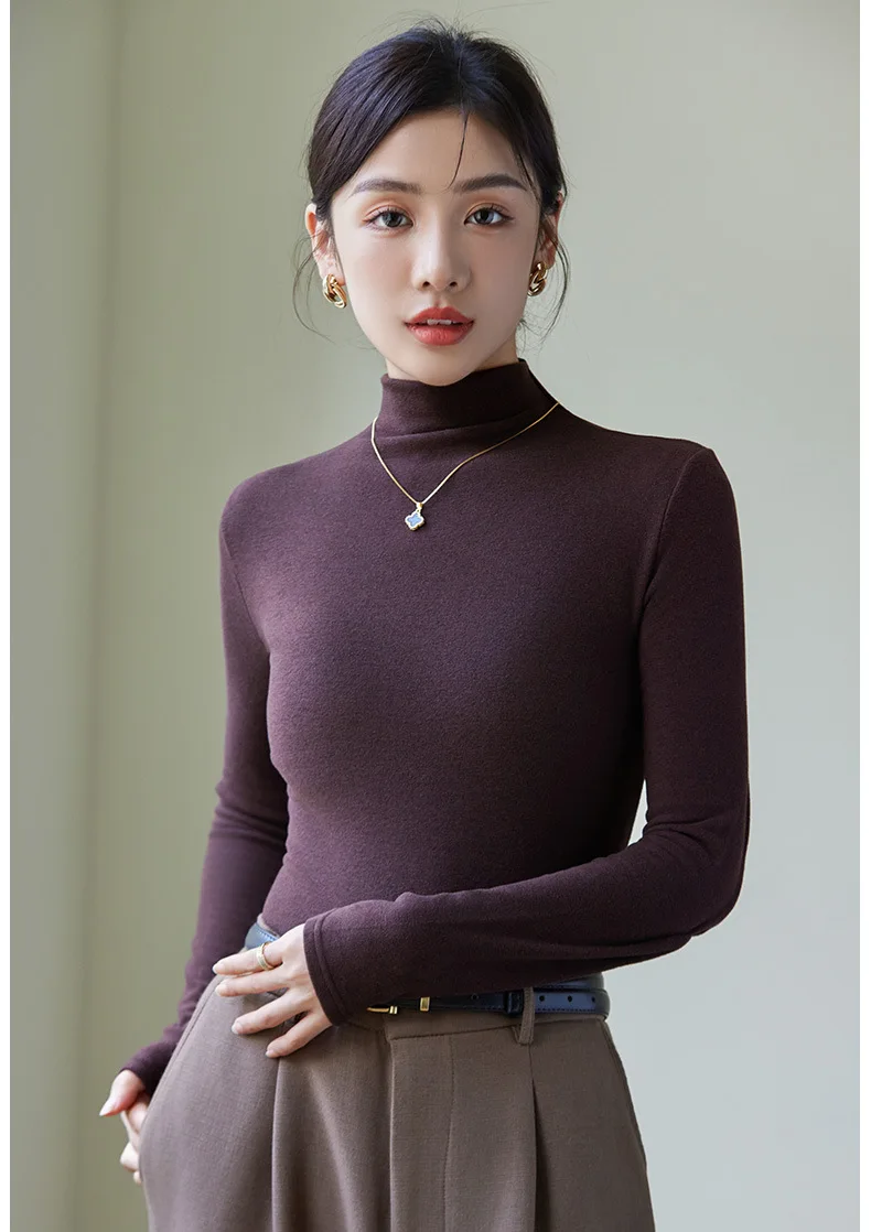 Warm Winter Women's T-Shirts Full Sleeve Basic Layer Tops Solid Color Fleece Autumn Korea Stylish Blouse Female Outwear C5800