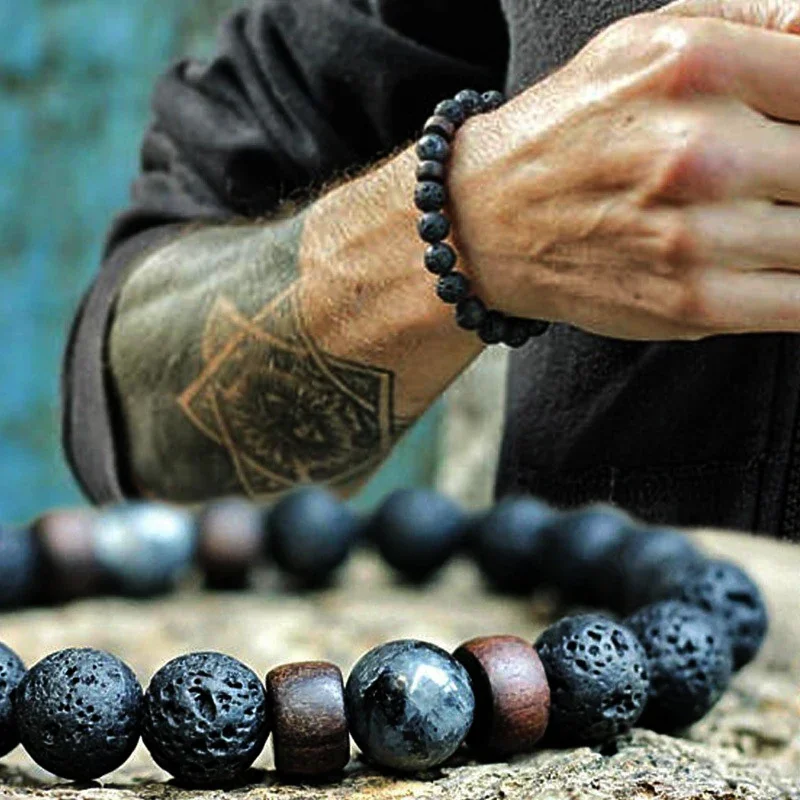 Pulseira de Pedra Vulcânica para Homens e Mulheres, Contas de Lava de Madeira Buda Tibetano Corrente