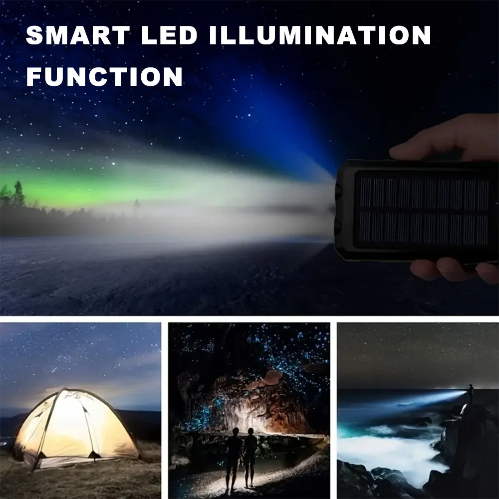 باور بانك صغير يعمل بالطاقة الشمسية بقدرة 20000 مللي أمبير في الساعة مدمج في 4 كابلات، حزمة بطارية خارجية محمولة مع ضوء LED للهواتف المحمولة