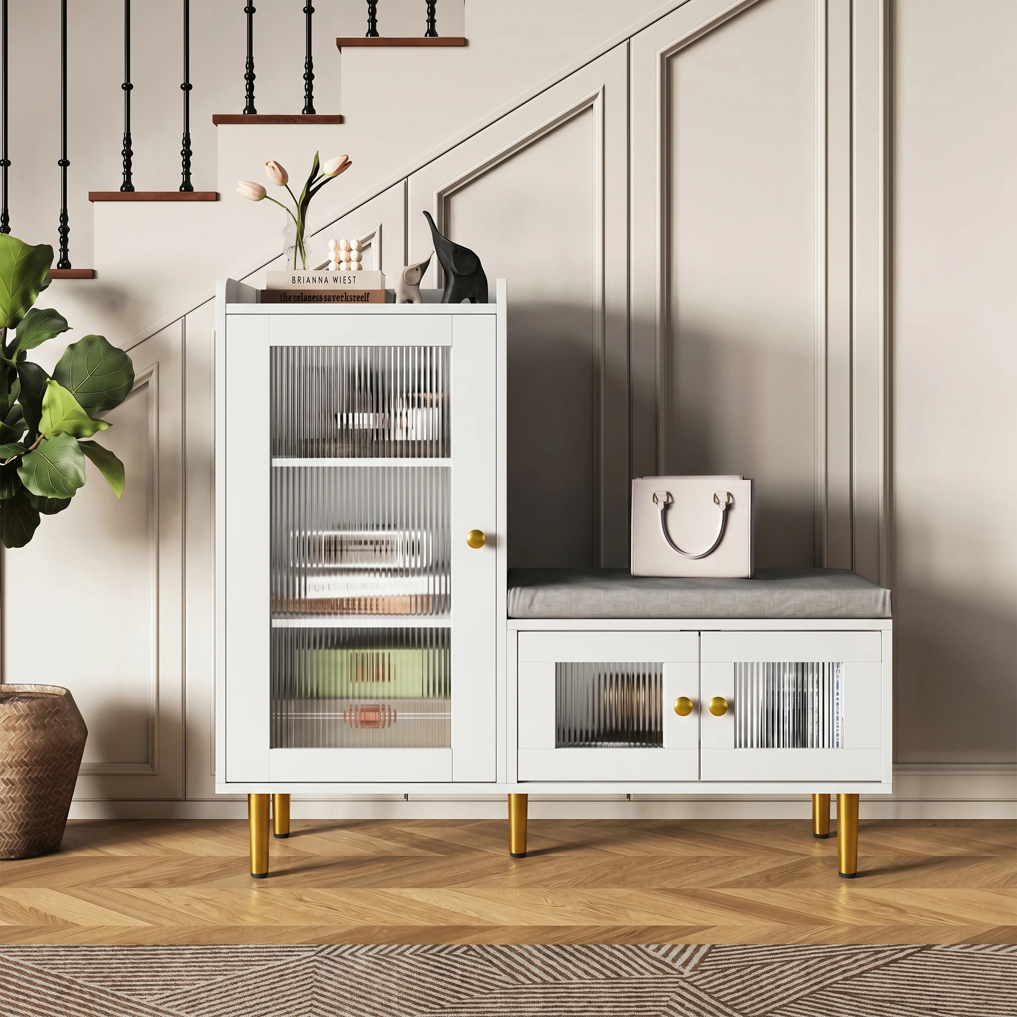 Superaly, All-in-One-Schrank für den Eingangsbereich, goldfarbene Metallbeine, multifunktionaler Schuhschrank für den Eingangsbereich mit gepolsterter Schuhbank, Schrank für den Eingangsbereich,