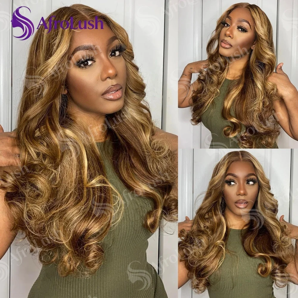 Parrucca in capelli umani con onde naturali, colore P4/27, con rete trasparente HD 13x4, capelli già sfoltiti, lunghezza 18-34 pollici, parrucca riccia in capelli umani, densità 200, con attaccatura