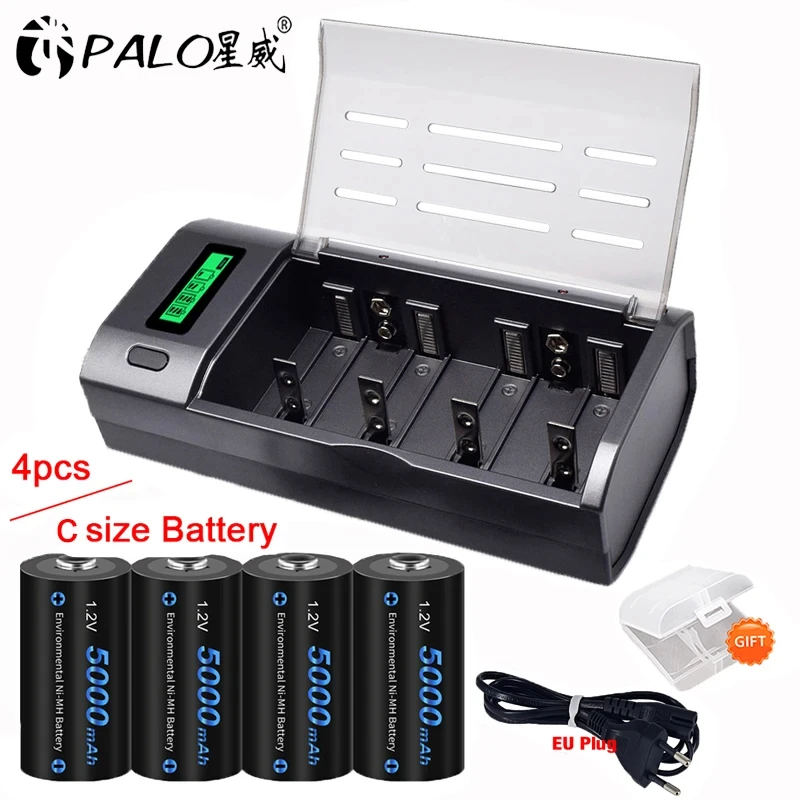 R14 C size Rechargeable Battery C cell R14 1.2V NIMH C Rechargeable Batteries for Flashlight Gas Cooker with LCD Fast Charger