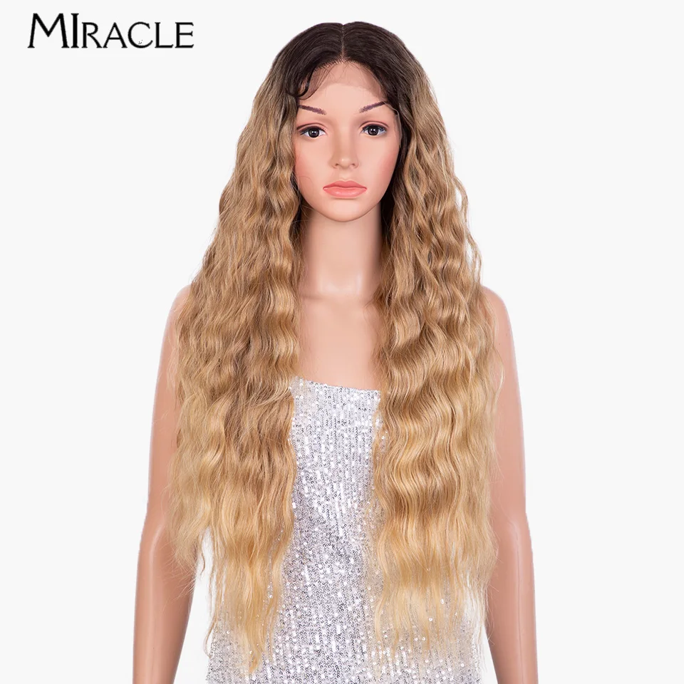 MIRACLE-peluca rizada sintética con malla frontal para mujer, pelo falso de fibra, Rubio, Onda de agua de 30 pulgadas, Cosplay