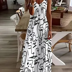 Women's Casual Fashion Loose V Neck Spaghetti Strap Dress Simple Flower Print Maxi Dress Summer Beach Vacation Maxi Dress