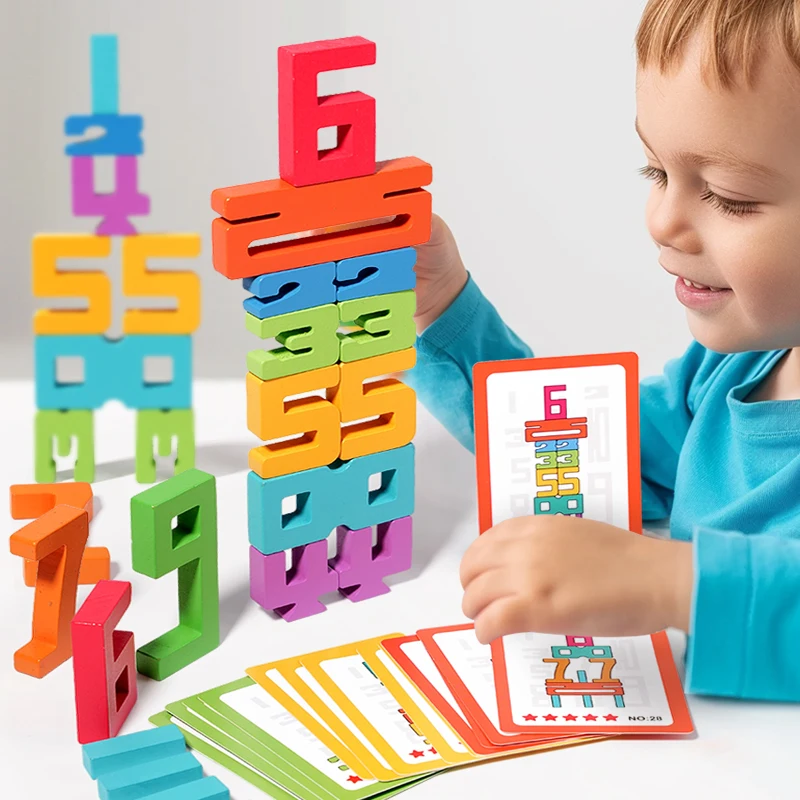 Montessori Math Toys Wooden Number Stacking Building Blocks Digital Balance Toy Preschool Learning Number Blocks For Kids