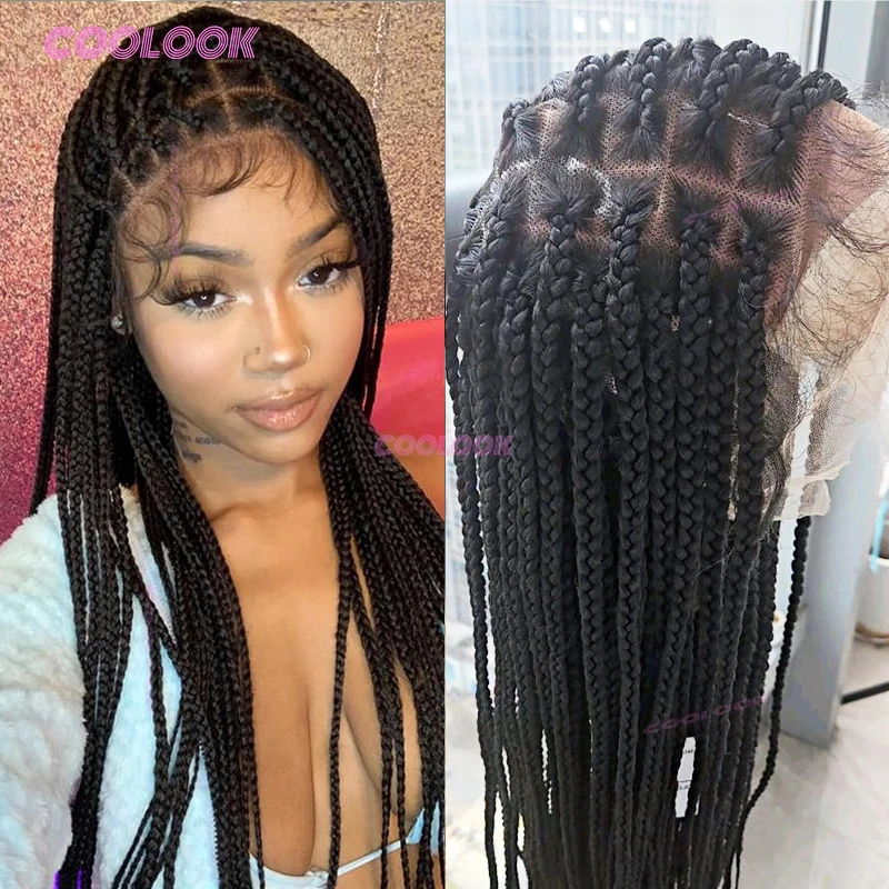 36인치 콘로우 브레이드 가발 합성 풀 레이스 브레이드 가발 여성용 매듭 없는 박스 브레이드 가발 아프리카 브레이드 가발