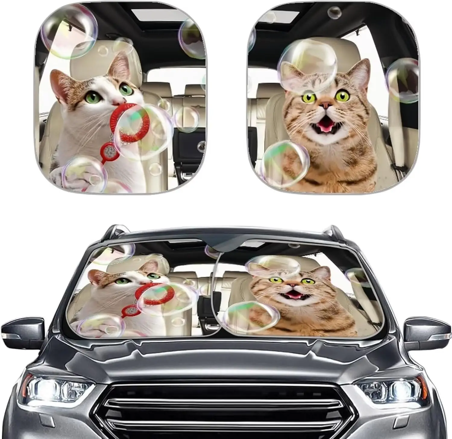 

Funny Cat Car Sunshade for Windshield Heat Insulation,Blowing Bubbles Cats UV Block-Out Universal Fit 2 Piece Sun Shade