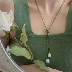 Olive Green Glass Beads Women Necklace White Bell Orchid Pendant Winding Wearing Ethnic Long Sweater Chain Romantic Jewelry Gift