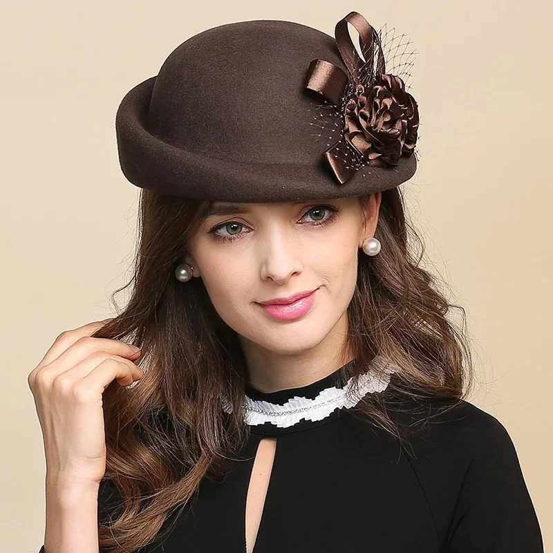 Lady Fedoras wełniany kapelusz dziewczyny kwiaty kopuła wełniana czapka kobieta czapka na basen rybak śliczny dorywczo wełniany kapelusz regulowany B-8728 — zdjęcie 2