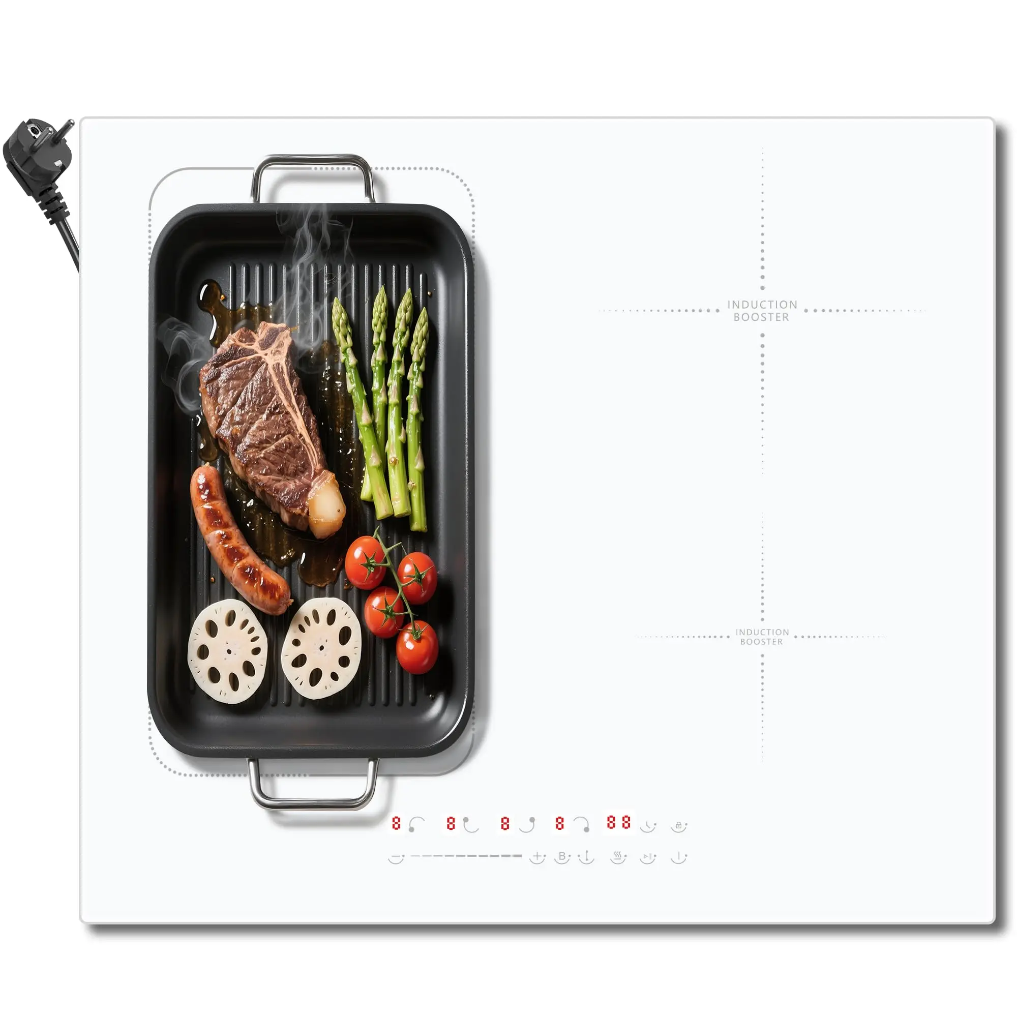Placa de inducción 4 fuegos blancos con toma, Cooksir Placa de cocción de inducción encastrable, 60CM, 3500W, minutería, 230V