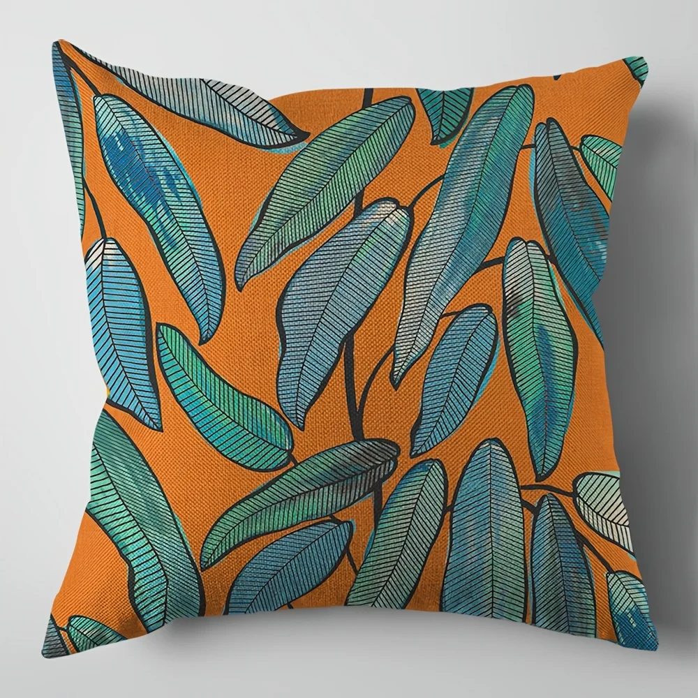 Green, Orange and Ivory Abstract Botanical Cushion Cover, Linen Single Sided Printed Throw Pillow Cover Cushion Cover, No Pillow