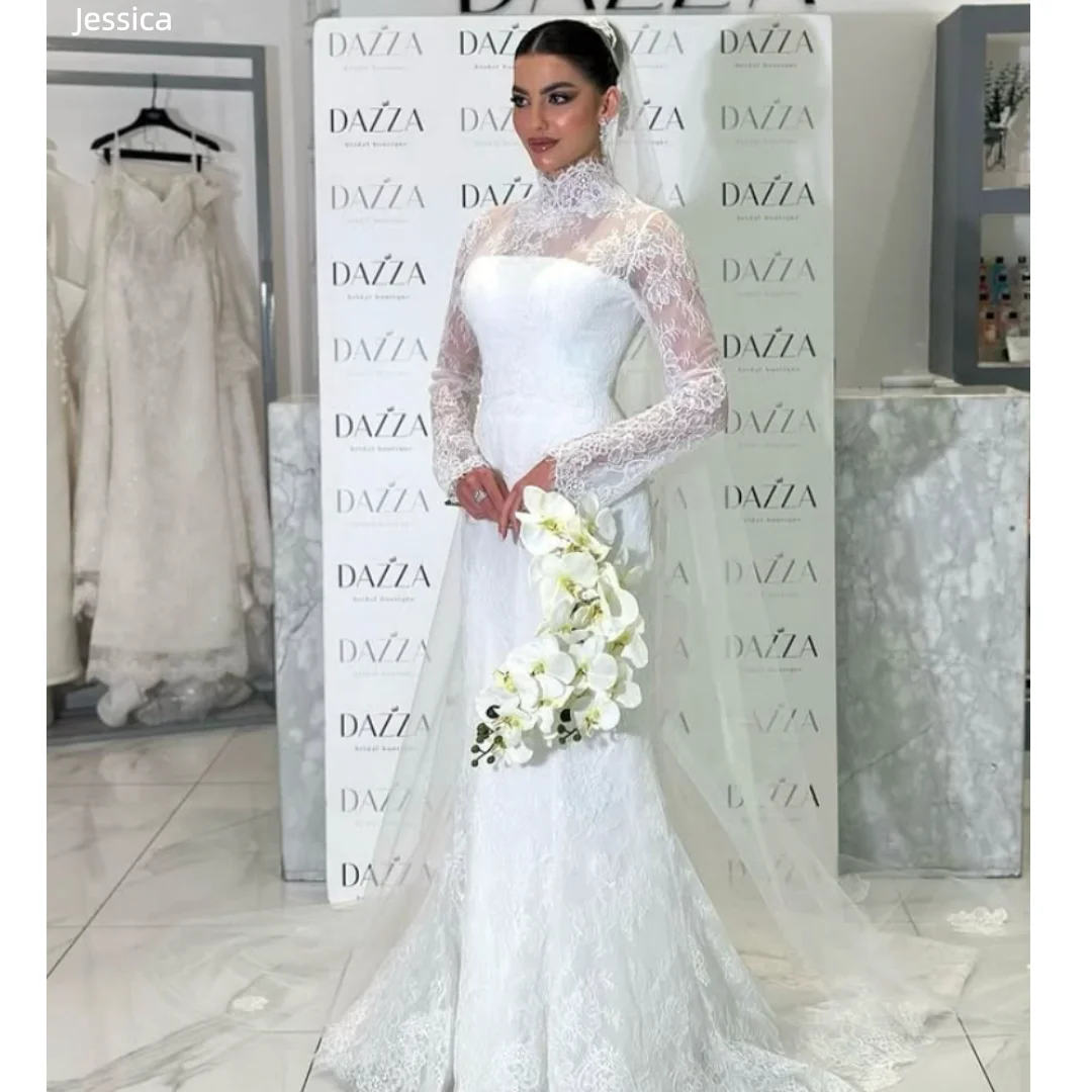 Jessica elegante gola alta vestidos de noite luxo rendas mangas compridas vestidos de baile ocasiões formais vestido de casamento cabido