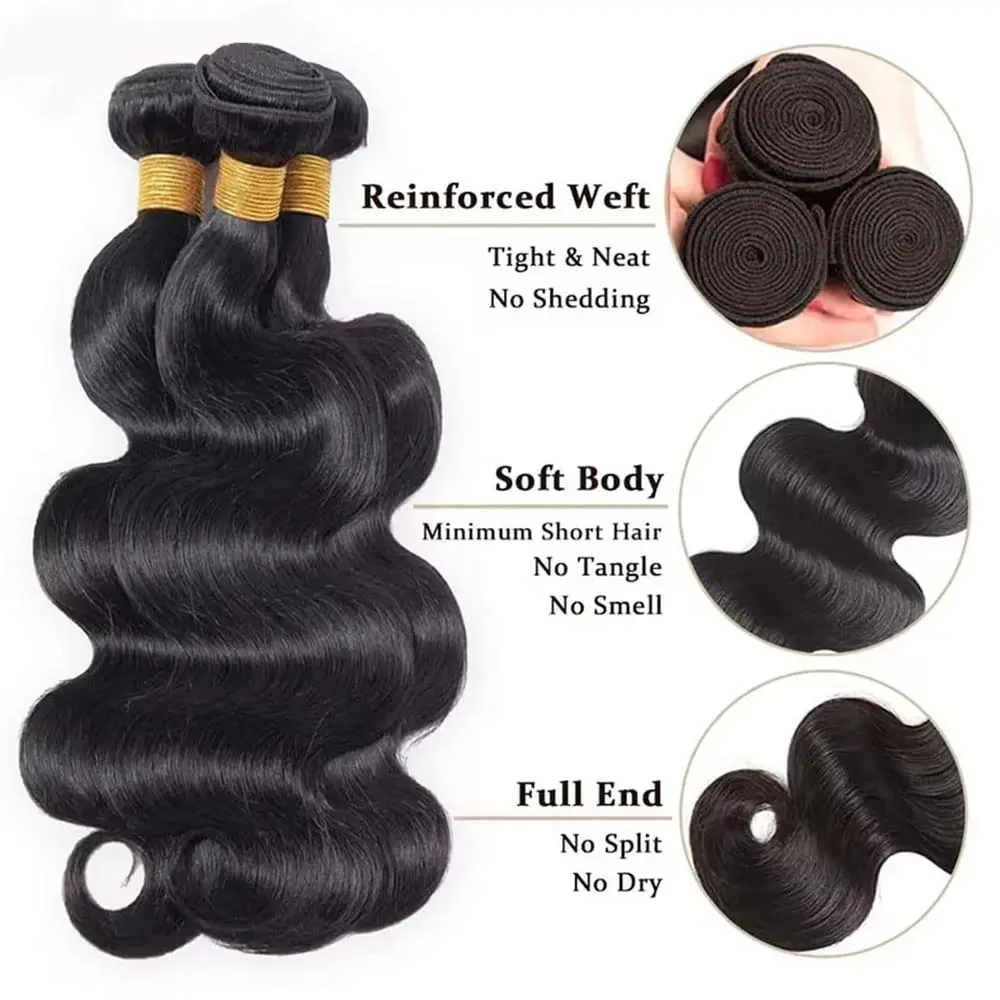 Body Wave Brazilian Virgin Hair Bundles - Unprocessed 100% Human Hair Weave for Black Women 3 Bundles #1B Color Hair Extensions