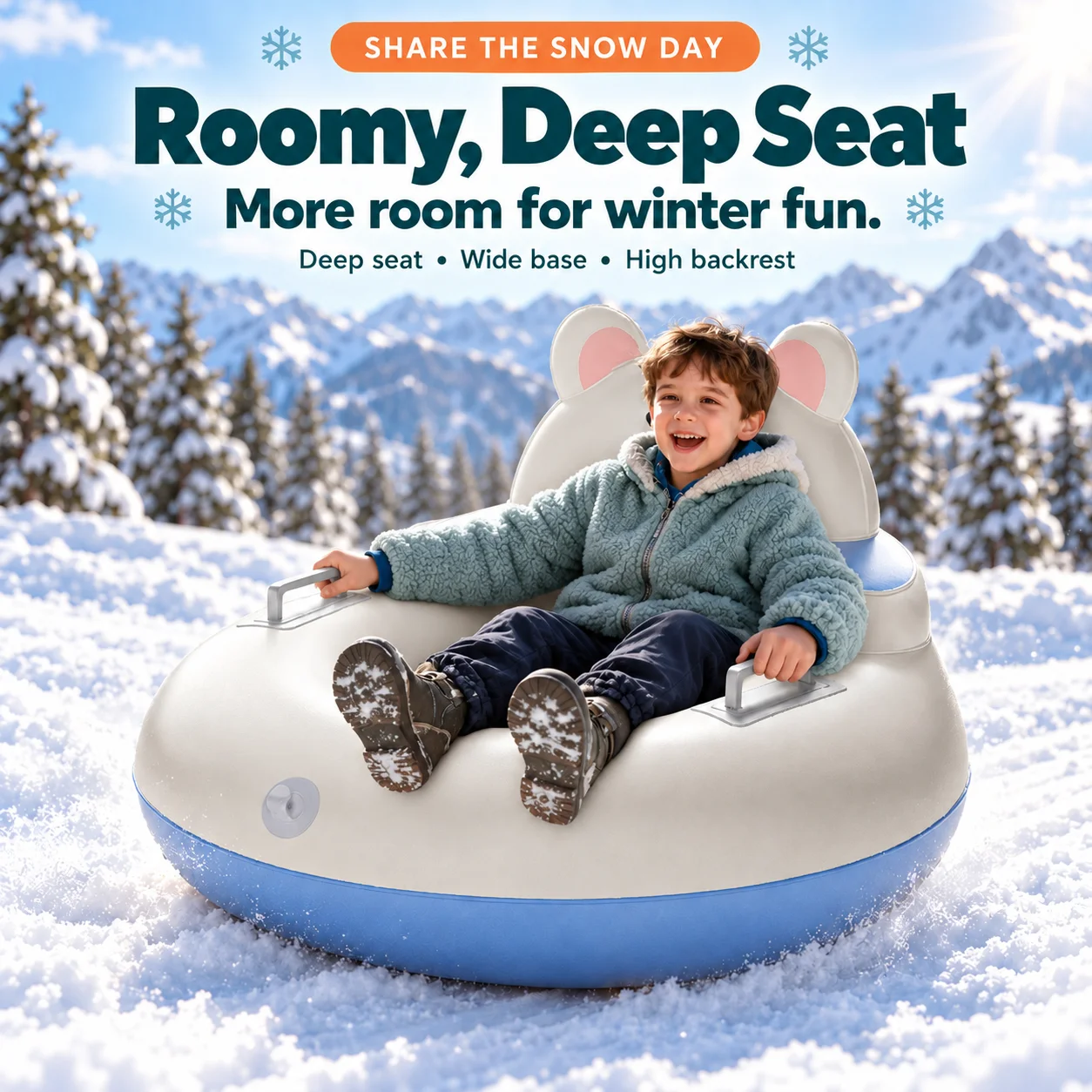 Inflatable Snow Tube with High Backrest, Dual Handles and Pull Strap, Portable Sled for Outdoor Winter Fun