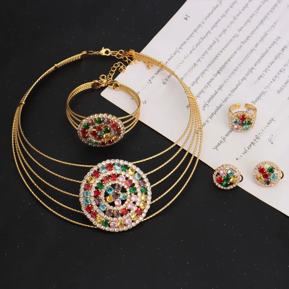 YM Ensemble de bijoux de luxe pour femmes, collier, boucles d'oreilles, Bracelet, bague, forme ronde, cadeau de Banquet de mariage 3