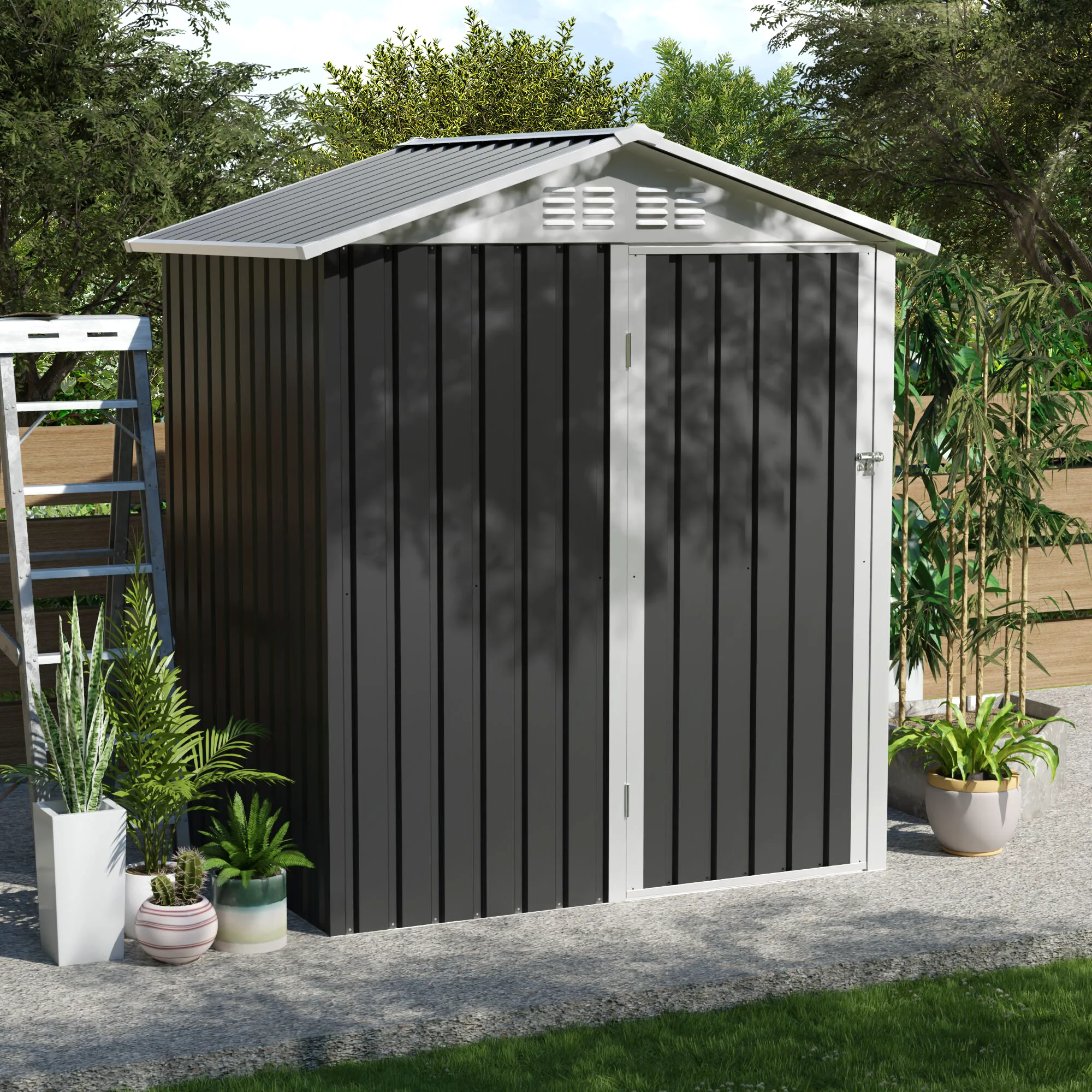 

5.4x4.27 FT Outdoor Metal Storage Shed with Hinge Door for Backyard, Patio & Lawn Use (5.4x4.27 FT Grey Apex)'