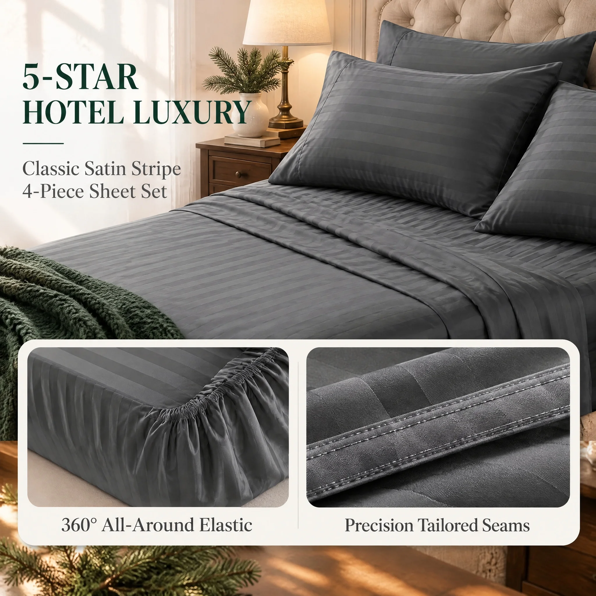 Striped 4-Piece Bedding Sheet Set, Twin Full Queen King Size, Deep Pocket Fitted Sheet with Flat Sheet & Pillowcases, Sleek Luxury Bed , Wrinkle Resistant for Christmas Bedroom Refresh