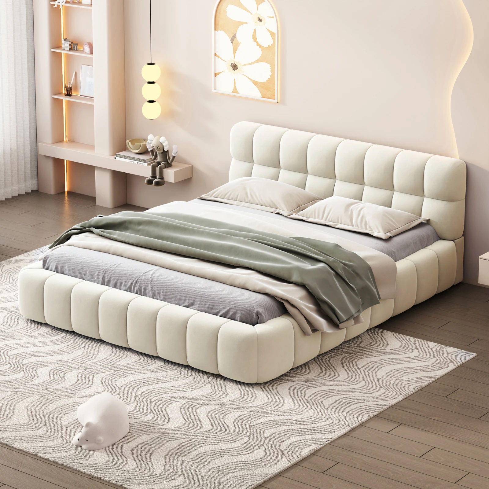 Cama tapizada 160x200 cm, forma de nube, lino, cama doble, cama adulto, cama adolescente, forma de nube, somier de láminas, estructura de cama incorporada, colchón no incluido, MDF, beige