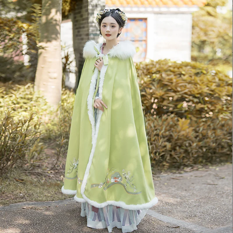 Capa Hanfu gruesa y cálida para mujer, capa verde con bordado tradicional chino, disfraz de Cosplay, capa de Navidad para niña