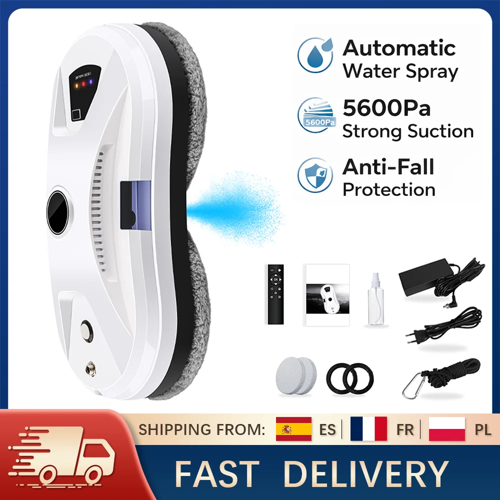 Robot de nettoyage de vitres intelligent 5600Pa, pulvérisation ultrasonique, double serpillière, télécommande, sécurité anti-chute, trajectoire en Z pour vitres, miroirs et carreaux