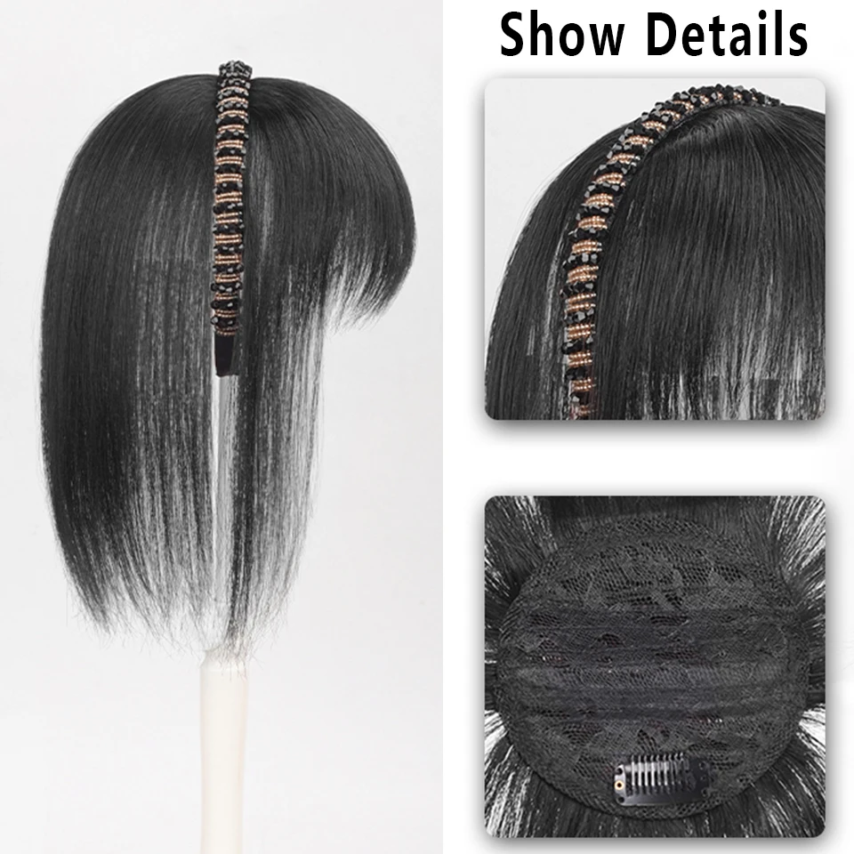 LUPU Synthetic Head Band With Hair Bangs Extension Clip In Full Fringe Bangs Straight Hairpiece Bangs Black Brown Hair For Women