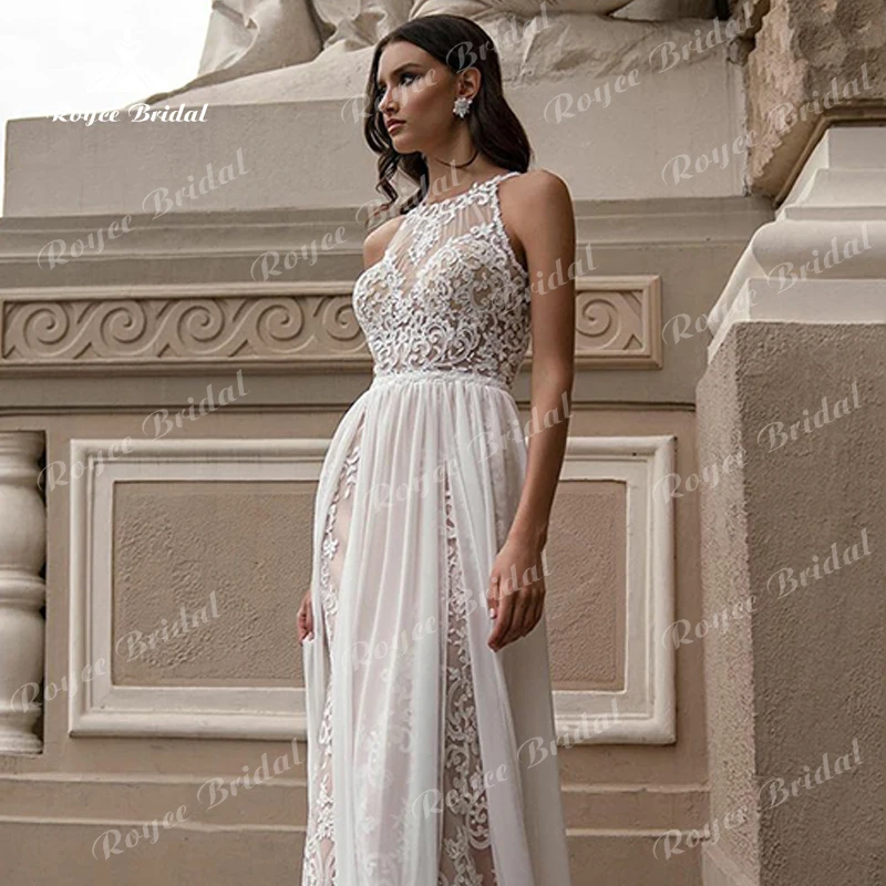 Vestido de noiva chiffon com fenda alta, Halter sexy, sem mangas sem encosto, Apliques de renda, A Line, Vestidos nupciais chiques, Sweep Dress