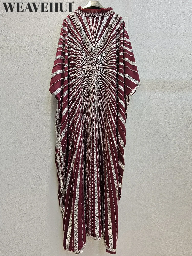 WEAVEHUI Women Summer Bohemian New model Maxi Dresses V-Neck Batwing Sleeve Looose Waist Beading Sequins Design