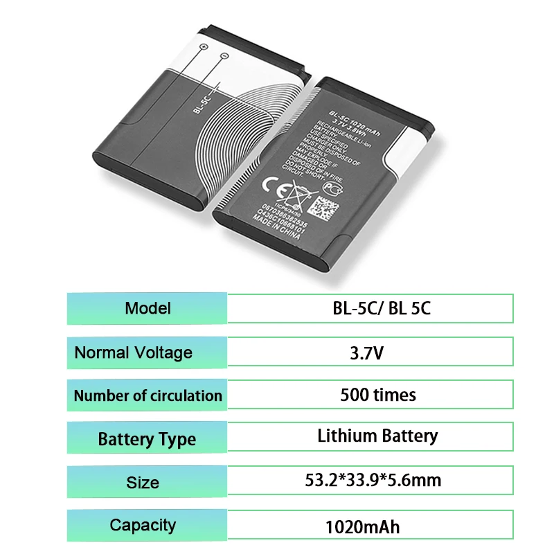 BL-5C  BL 5C 3.7V 1020mAh Lithium Rechargeable Phone Battery For Nokia 1100 1110 1200 1208 1280 1600 2600 2700 Game Console