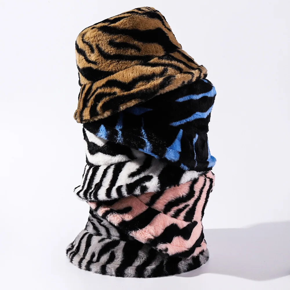 Faux Fur Zebra Print Bucket Hat women Autumn winter Leopard print fisherman hat girl Versatile stripes caps панама женская버킷햇