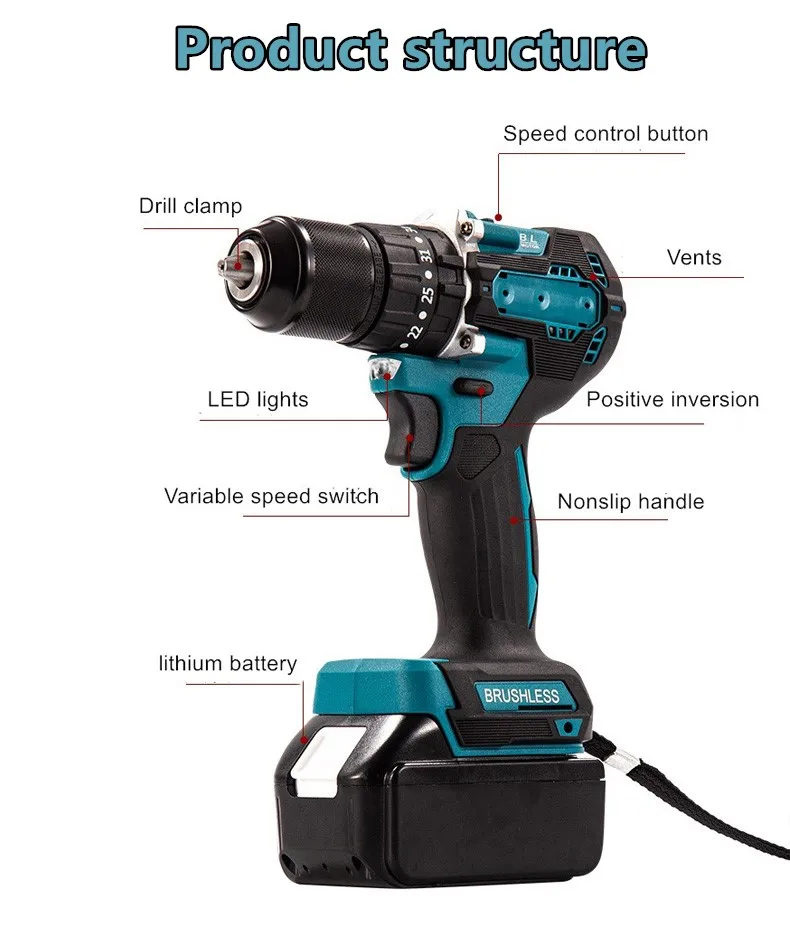 Electric Hammer Impact Drill Brushless 35+3 Torque Cordless 13mm  Rechargeable For Makita 18V Battery Power Tools