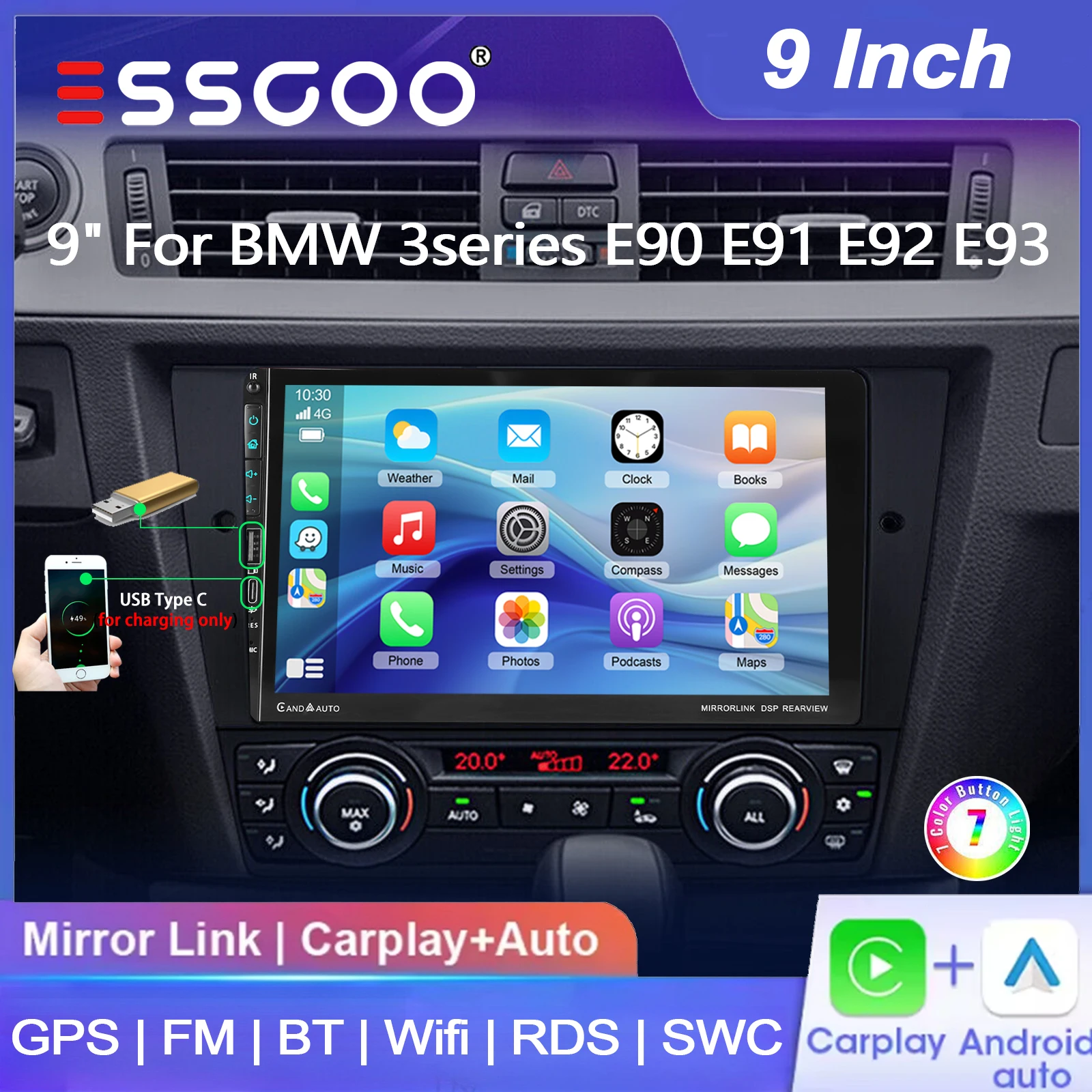 ESSGOO 9" 4+64G Android 15 für BMW 3er E90 E91 E92 E93 2005-2012 Kabelloses Carplay Android Auto Autoradio GPS-Navigation USB Typ-C FM Bluetooth WiFi RDS ASP Mirror Link SWC QLED Touchscreen