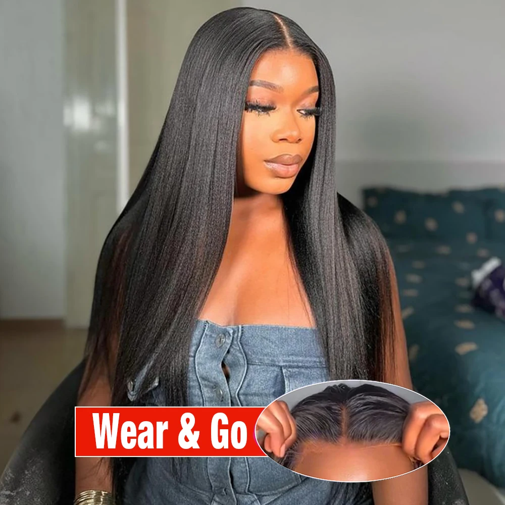 Yaki Kinky Straight 6x4 Glueless Wigs Human Hair Pre Plucked Pre Cut 220% 34inch Glueless Wig Human Hair Ready To Wear for Women