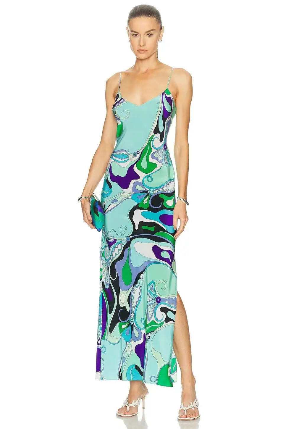 

Puc 100% Real Silk Chic Blue Green Purple Print Satin Maxi Dress Women Spaghetti Strap V Neck Long Dress Party Cocktail Wear
