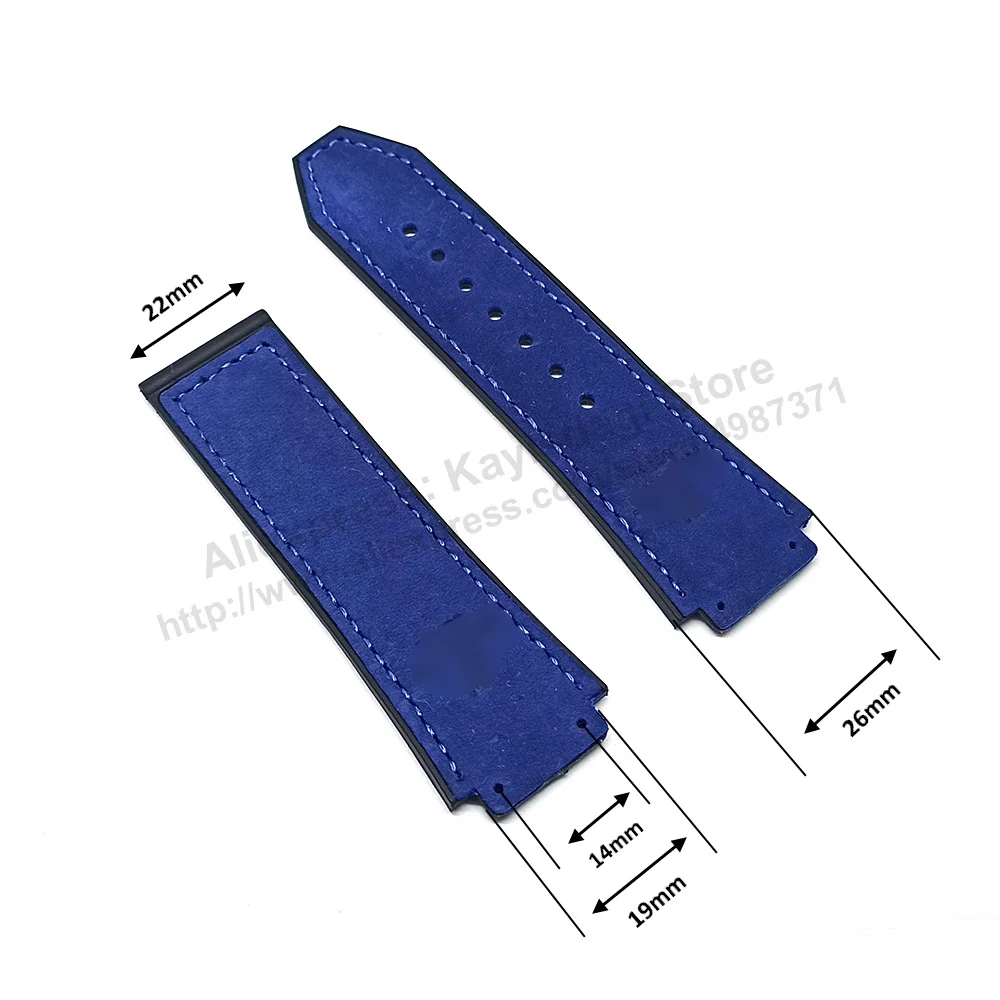 19mm Blue Suede Leather On Black Rubber Replacement Watch Band Strap Compatible with Hublot 45mm cases