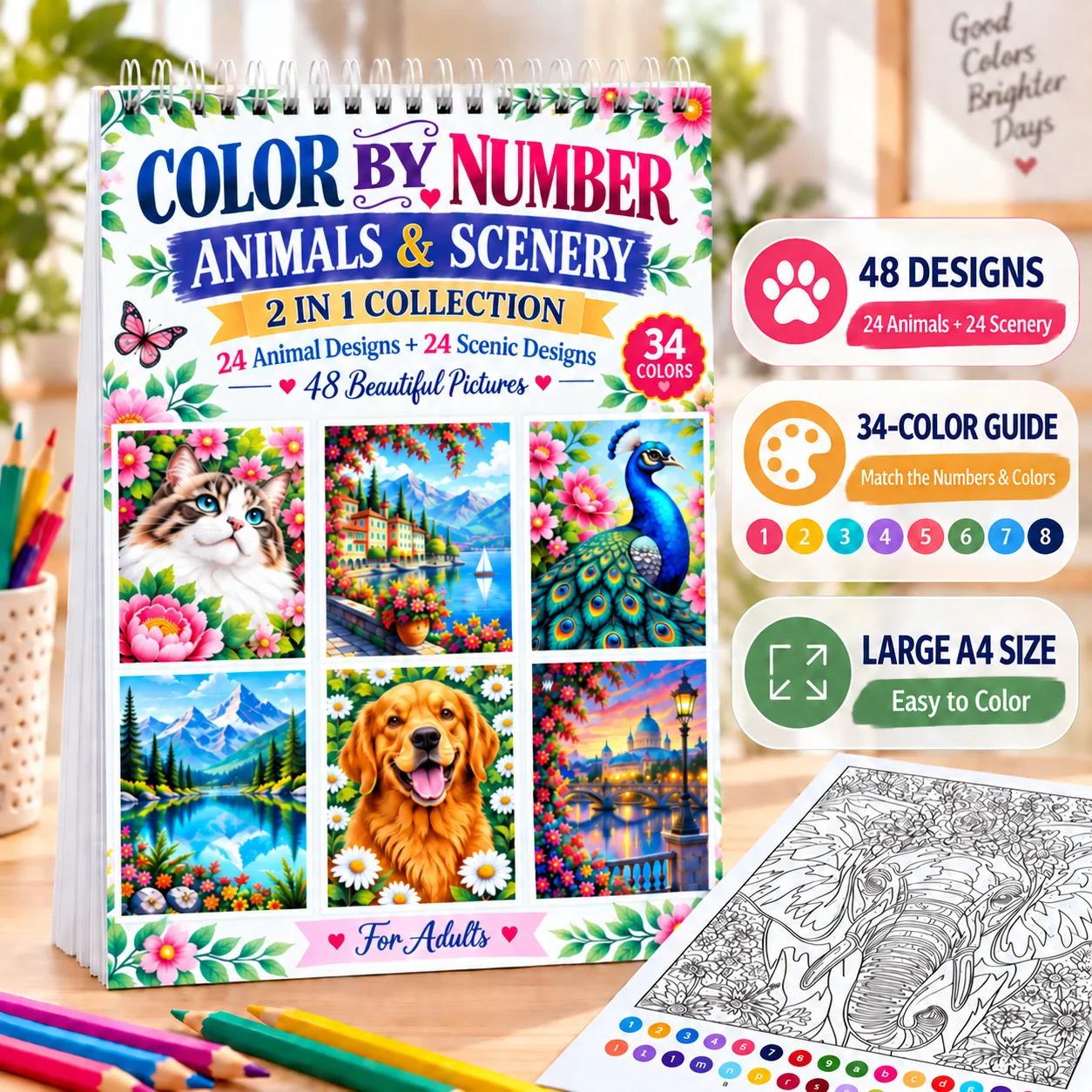 Color by Number Animals & Scenery Coloring Book, 48 Designs, A4 Large Size, Full-Color Printing, Spiral Bound, Heavyweight Paper