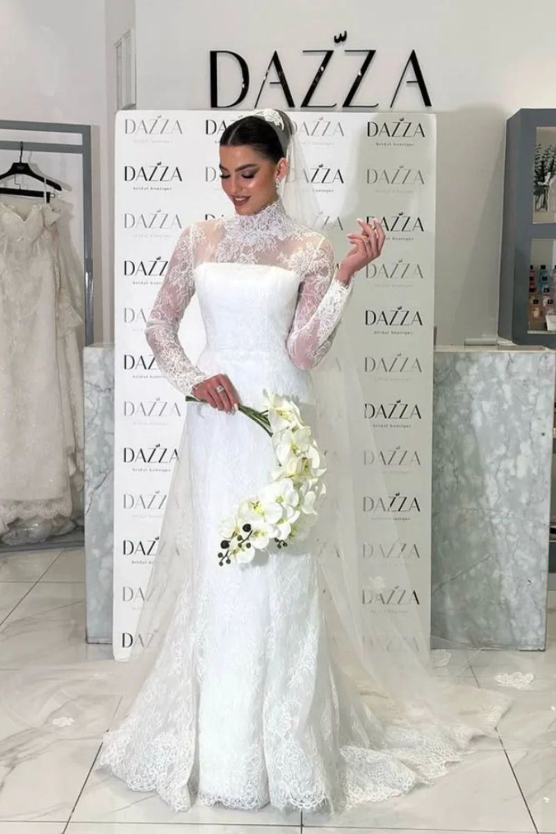 Jessica elegante gola alta vestidos de noite luxo rendas mangas compridas vestidos de baile ocasiões formais vestido de casamento cabido