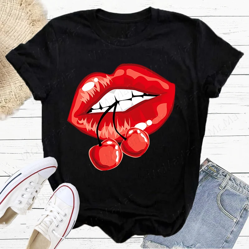 Summer New Sexy Lips Biting Cherries Short Sleeve Print Clothing Women's T-Shirt Harajuku Graphic Clothing Women's Top,Drop Ship