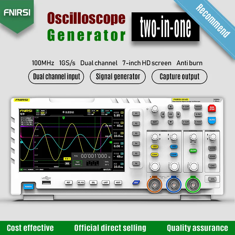 FNIRSI-1014D Osciloscópio Digital, 2 em 1, Dual Channel Input, Signal Generator, 100MHz * 2 Analog Bandwidth, 1GSa/s Taxa de Amo