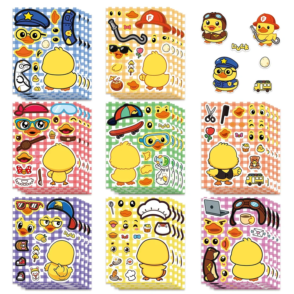 8/16Sheets Cartoon Cute Little Yellow Duck Toy Puzzle Sticker Face Changing Decoration DIY Sticker Waterproof Children’s Gifts.